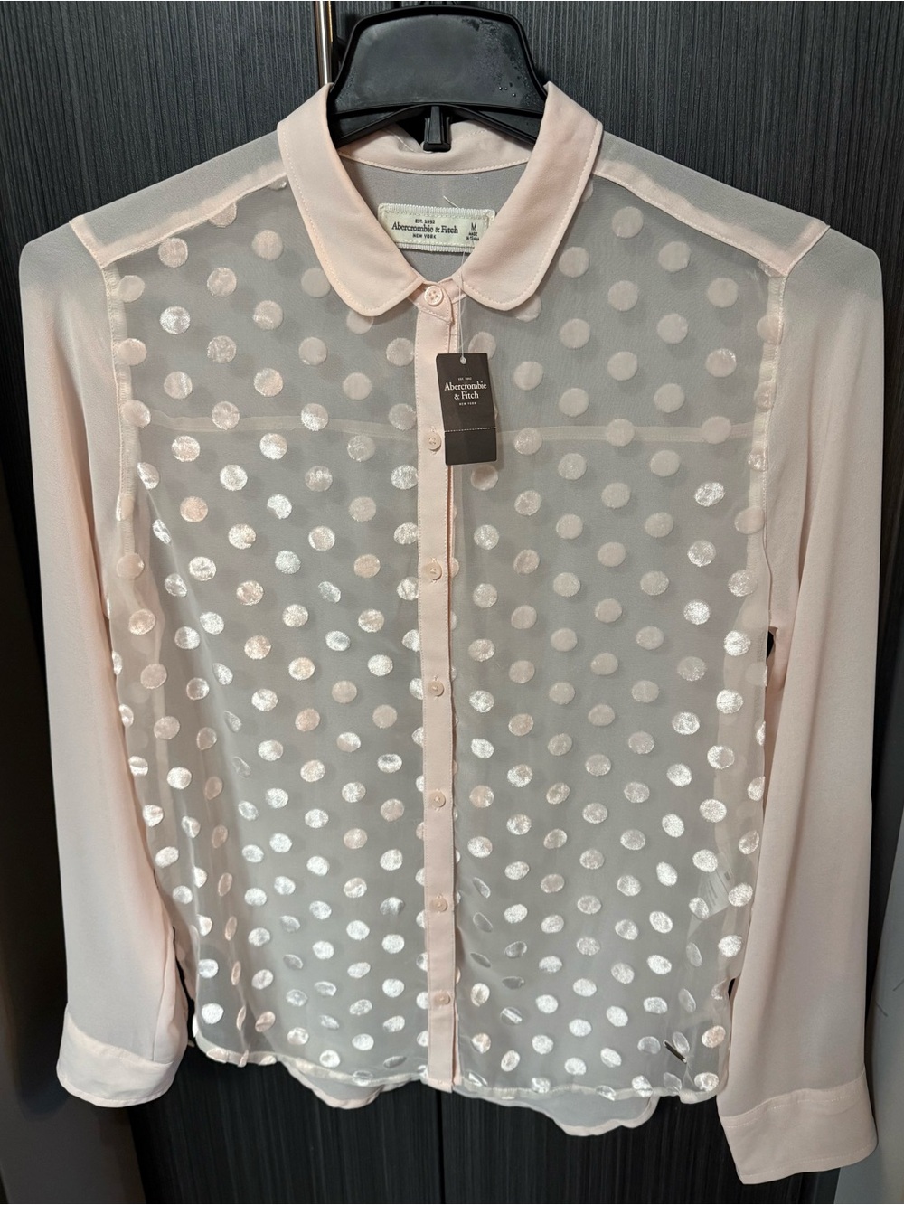 (NWT) Abercrombie & Fitch Sheer Blush/Pink Preppy Polka Dot Blouse Medium M